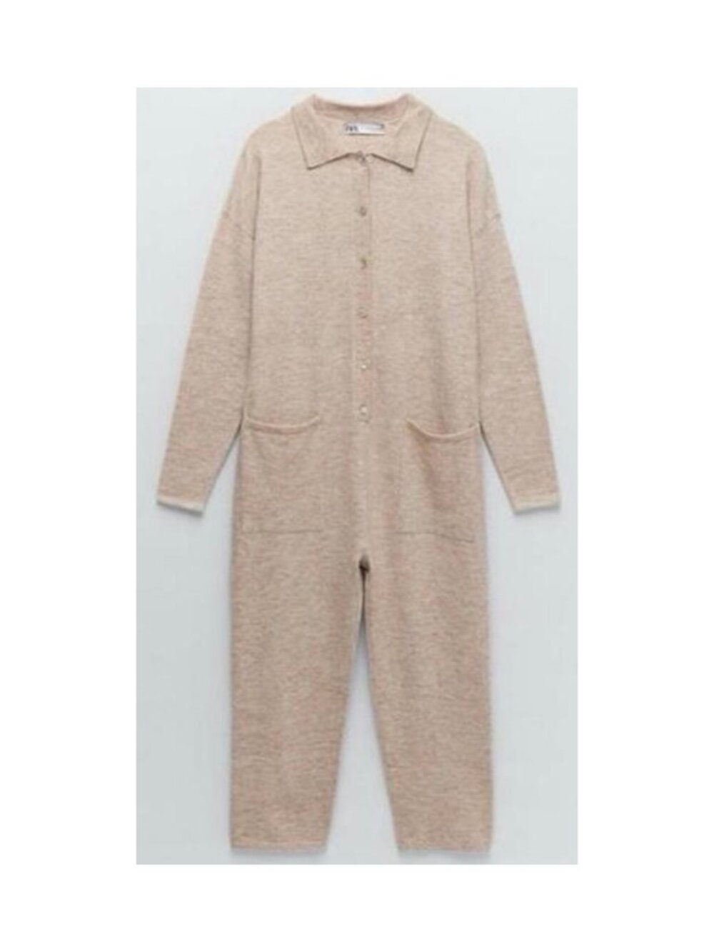 Zara Beige Long-Sleeve Knit Jumpsuit with Front Buttons Size M